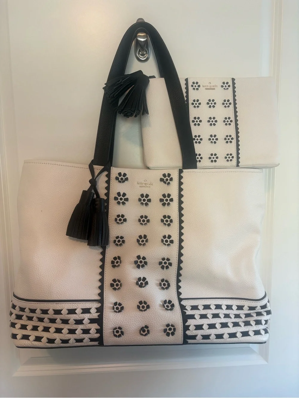 kate spade White and Black Leather Tote with Matching Pouch
